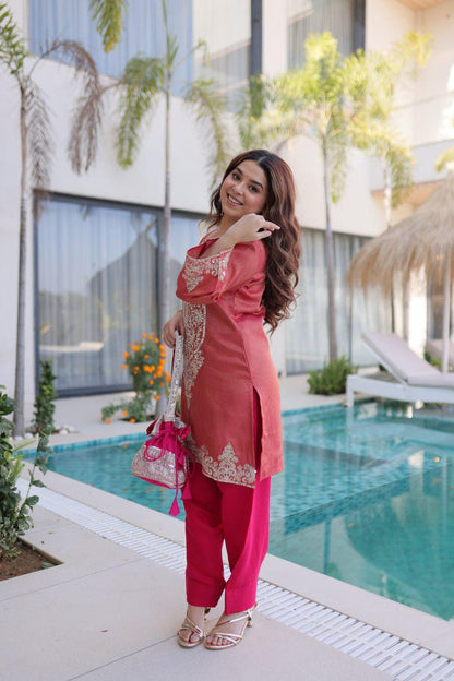 Designer Viscose Kurti Pant Set with Batwa Sequins Zari Embroidery