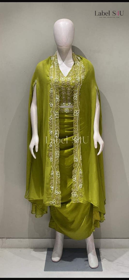 Beautiful designer Olive Green Skirt Set, Hand-Embellished Cape Draped Skirt