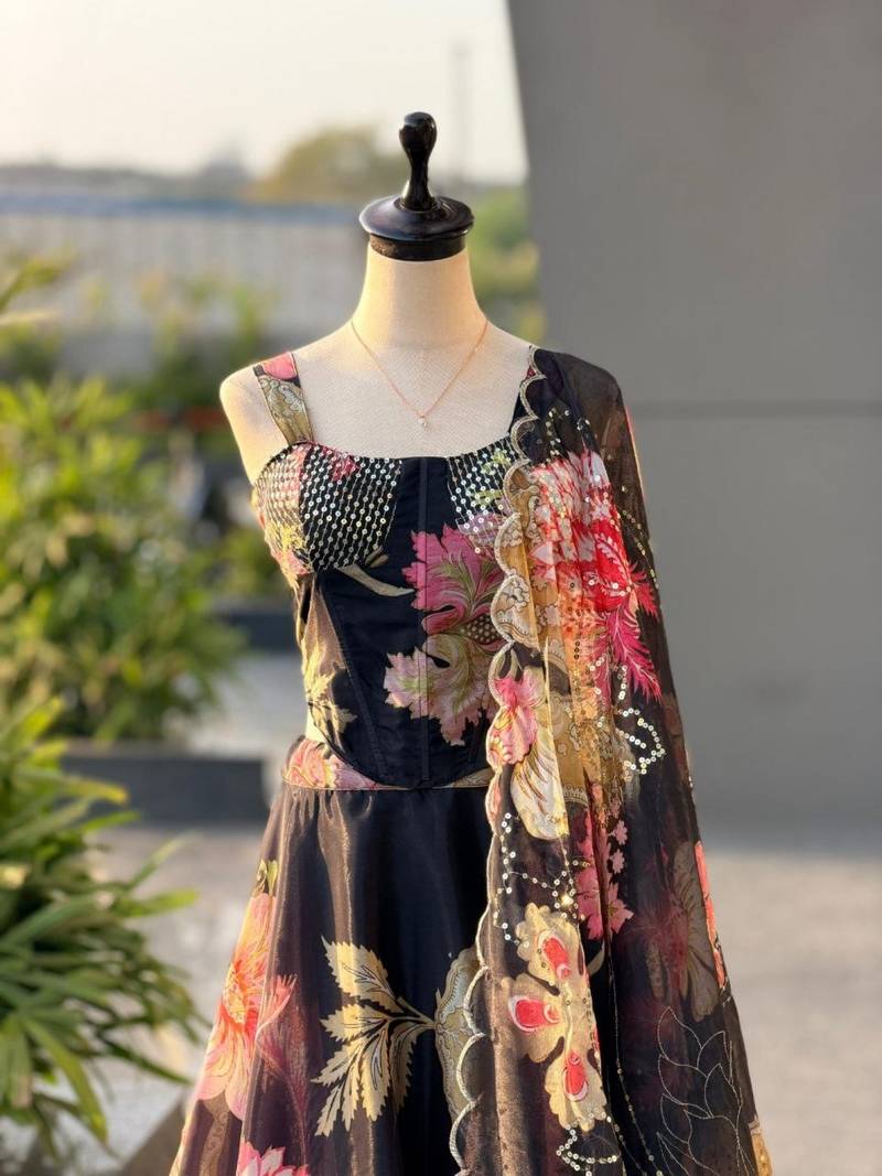 Lehenga Choli For Women And Girls Style Designer Corset Lehenga Set For Women Jimmy Organza Digital Print With Embroidered Blouse Dupatta black Colour