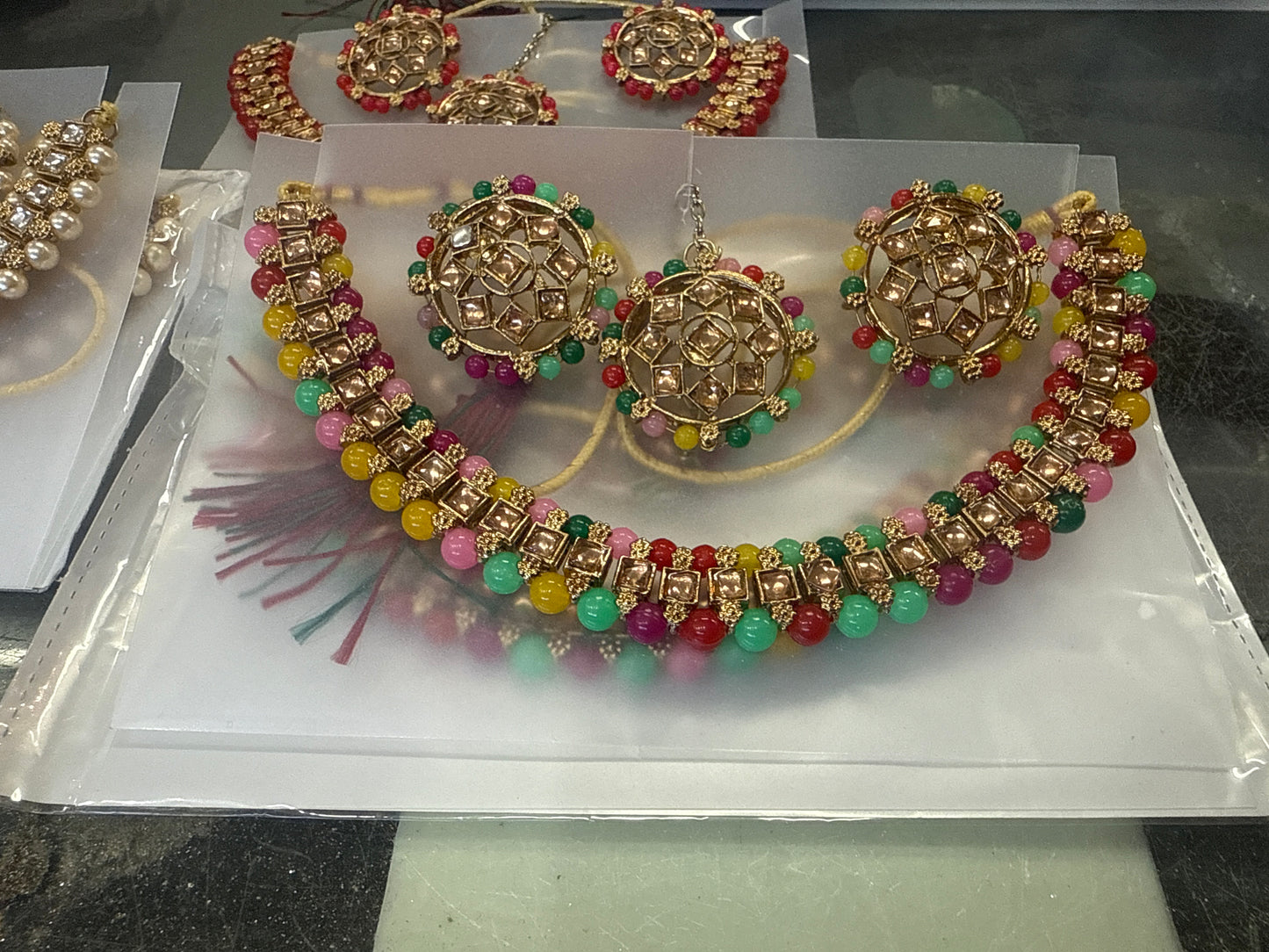 Beautiful designer necklace set with matching studs earrings & tikka/bindi