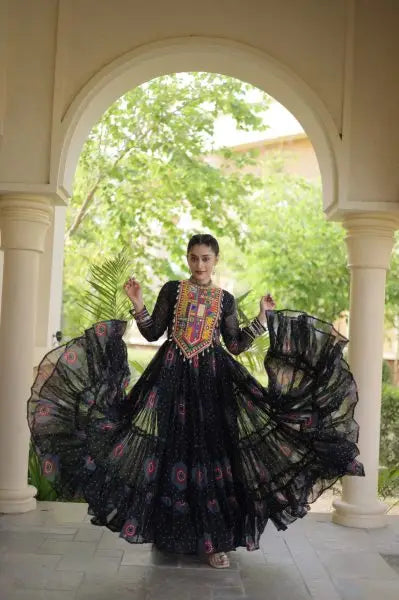 Beautiful Trendy Bandhani Print Faux Georgette Maxi Gown With Full Sleeves For Navrati