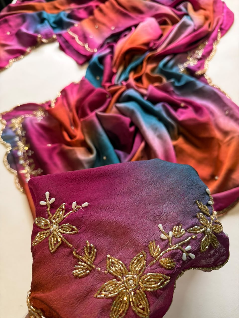 Beautiful designer Soft Rangoli Crush Silk Saree with readymade blouse
