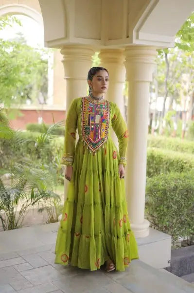 Beautiful Trendy Bandhani Print Faux Georgette Maxi Gown With Full Sleeves For Navrati
