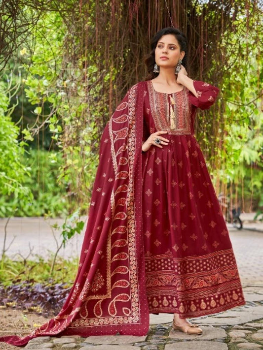Beautiful designer Rayon Foil Printed Kurtis With Dupatta Set