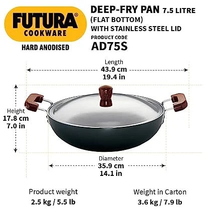 Futura Fry Pan Hard Anodised Deep- 7.5 L, 36 cm, 4.06 mm with SS Lid