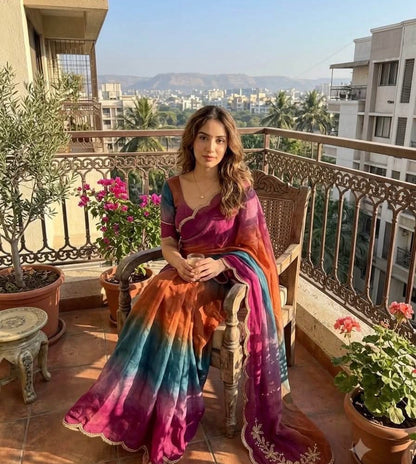 Beautiful designer Soft Rangoli Crush Silk Saree with readymade blouse