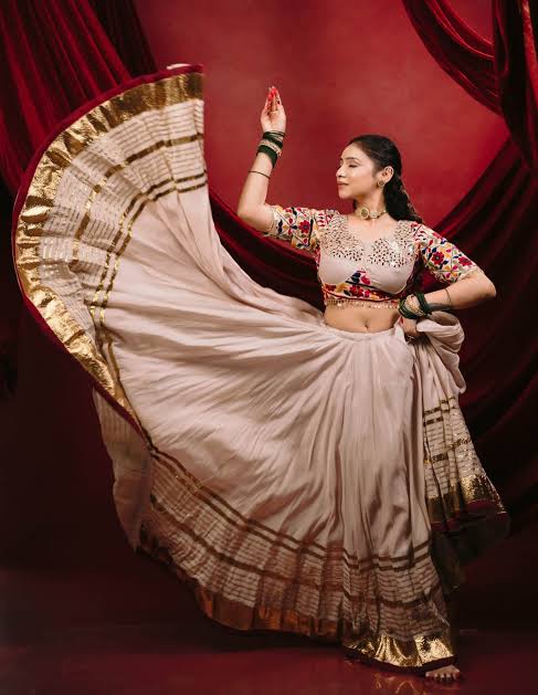 Charming Cream Designer Mal Mal Cotton Lehenga Set With Real Mirror Work For Navratri Wear