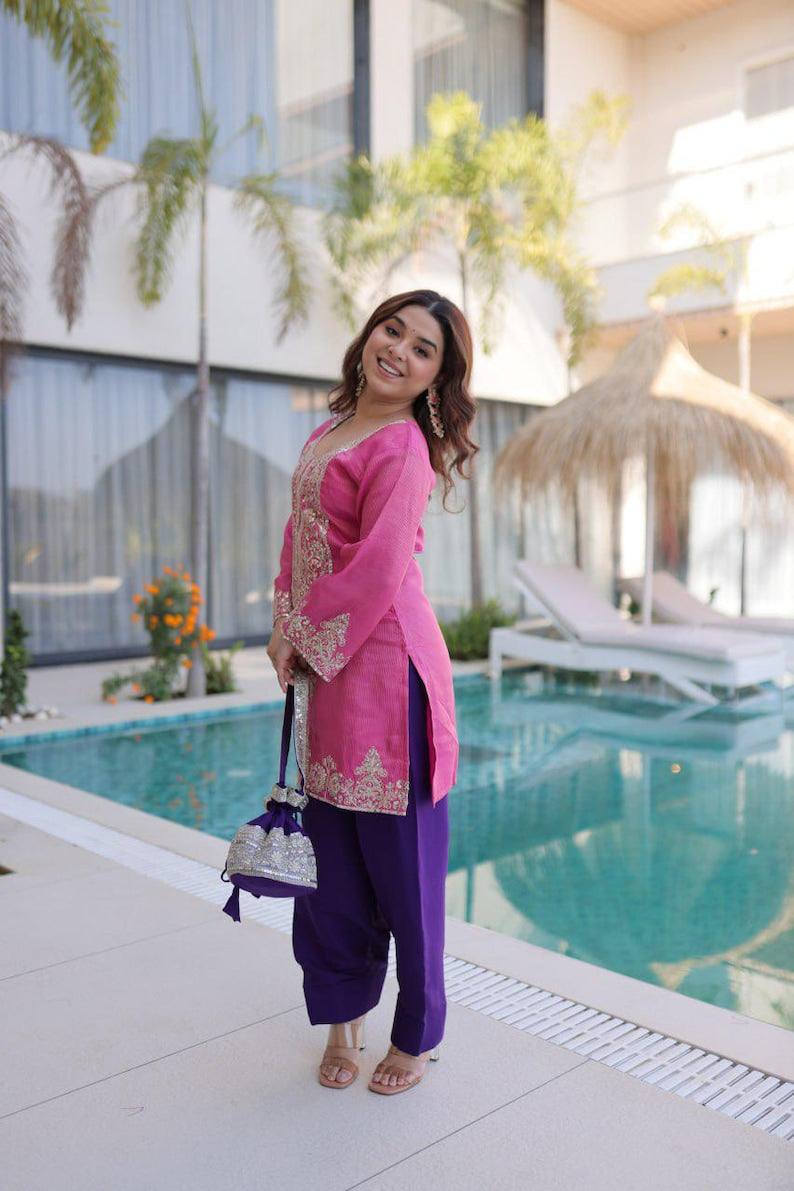 Designer Viscose Kurti Pant Set with Batwa Sequins Zari Embroidery