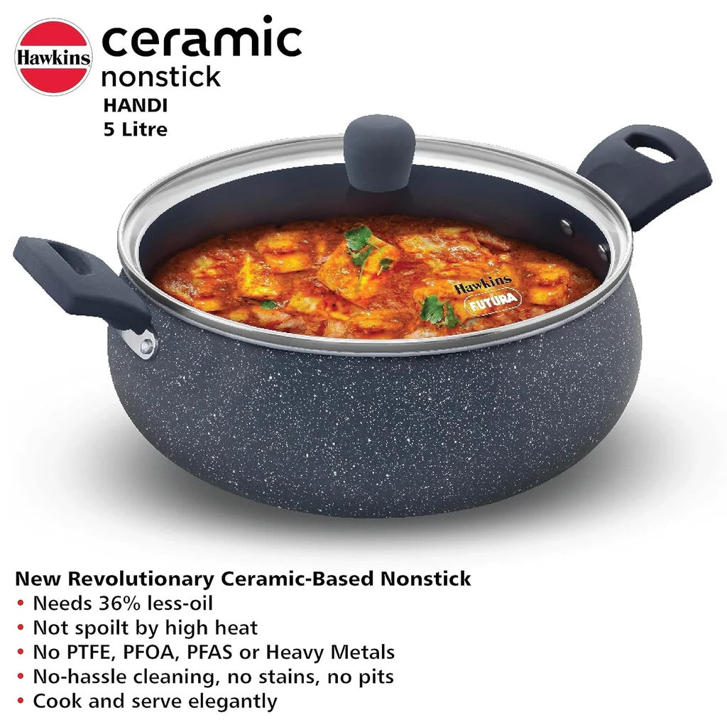 Hawkins Ceramic Nonstick Handi with Glass Lid | Biryani Pot | Gas & Induction Compatible | Grey