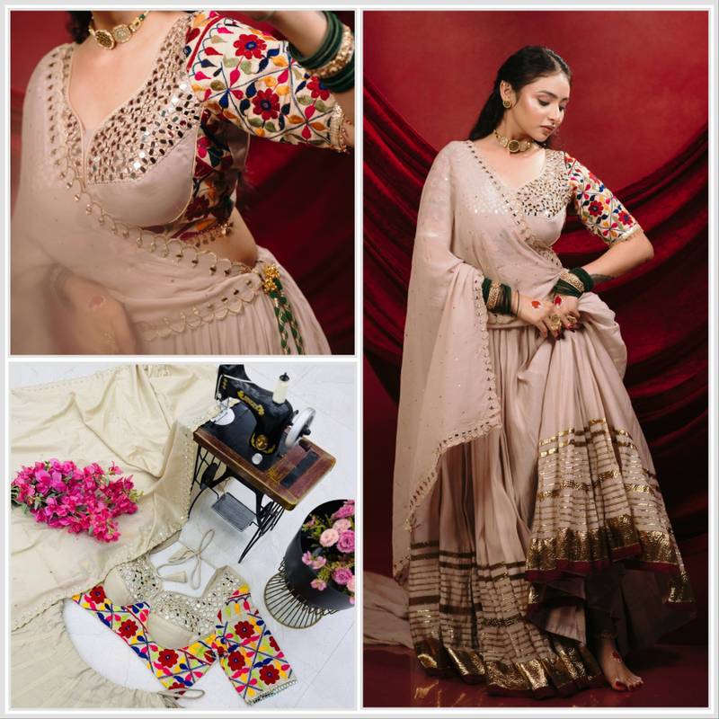 Charming Cream Designer Mal Mal Cotton Lehenga Set With Real Mirror Work For Navratri Wear