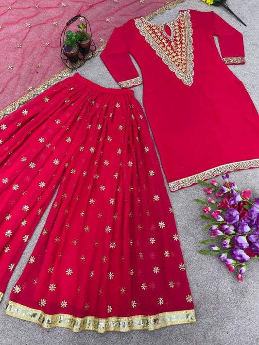 Beautiful designer Pink Top Palazzo Suit With Heavy Embroidery and Sequence Work With Dupatta