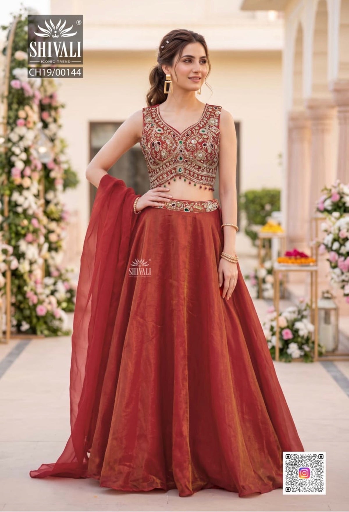 RUST RED ANTIQUE GOLD JEWEL LEHENGA SET