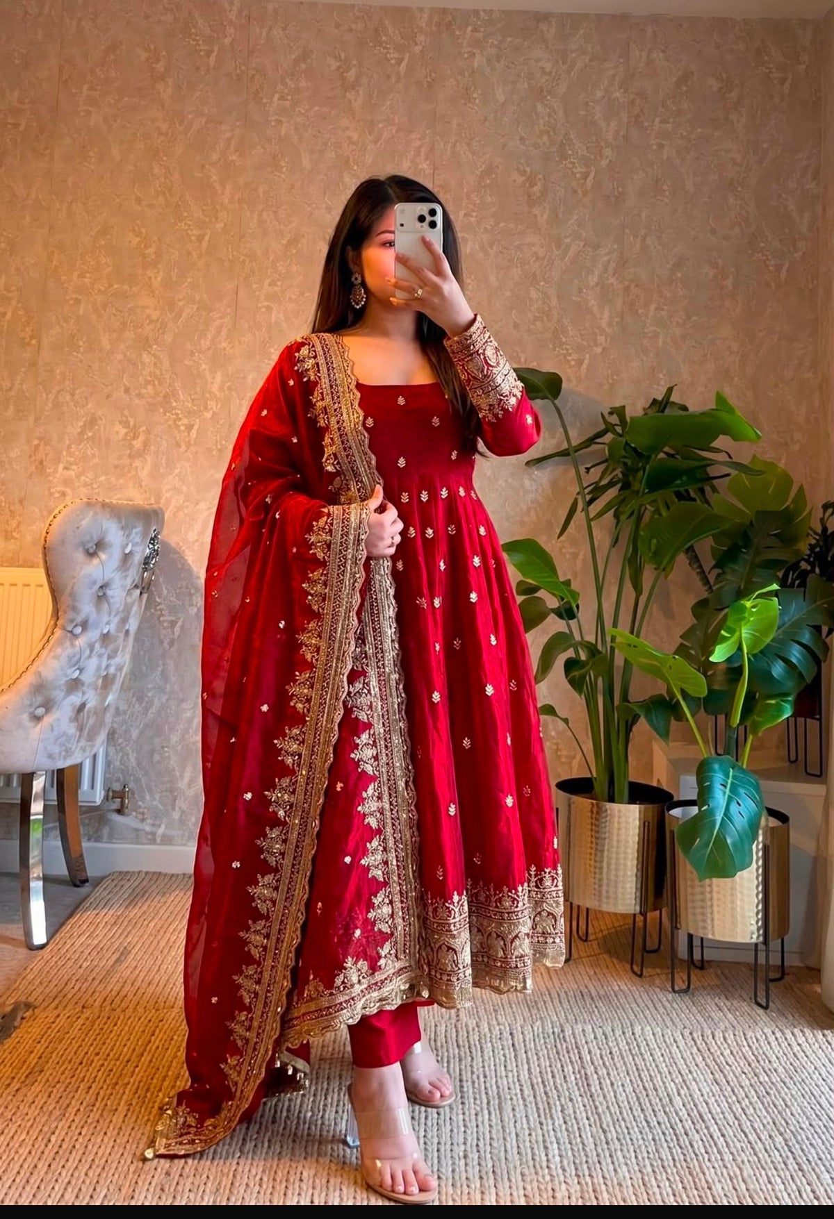 Beautiful designer Fandy Silk Embroidered Gown Set With Dupatta And Pant For Women
