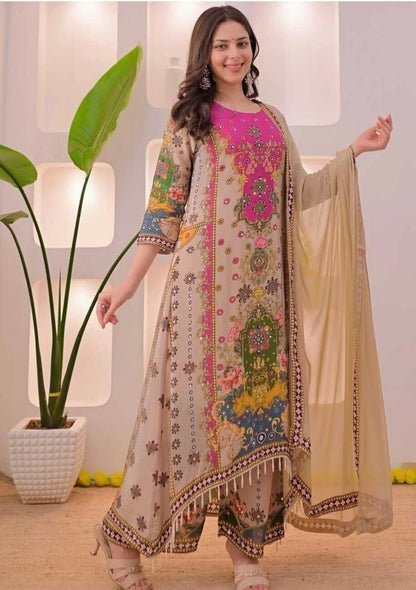 Beautiful designer Multicolor Printed Kurti Palazzo Set with Dupatta