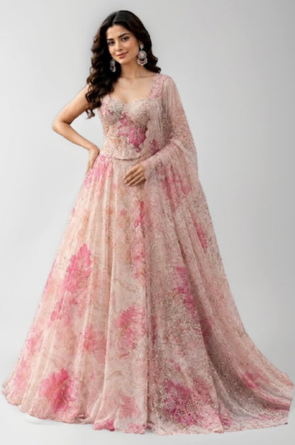 Lehenga Choli For Women And Girls Style Designer Corset Lehenga Set For Women Jimmy Organza Digital Print With Embroidered Blouse Dupatta Creem Colour