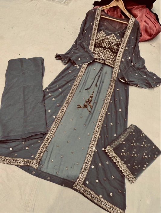 Beautiful designer indo western style crop top plazo suit with koti/shrug