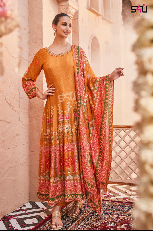 Beautiful designer Orange Traditional Printed Spanish Silk Anarkali Set
