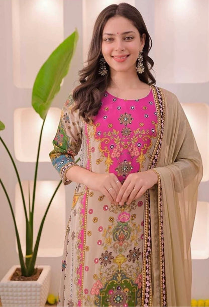 Beautiful designer Multicolor Printed Kurti Palazzo Set with Dupatta