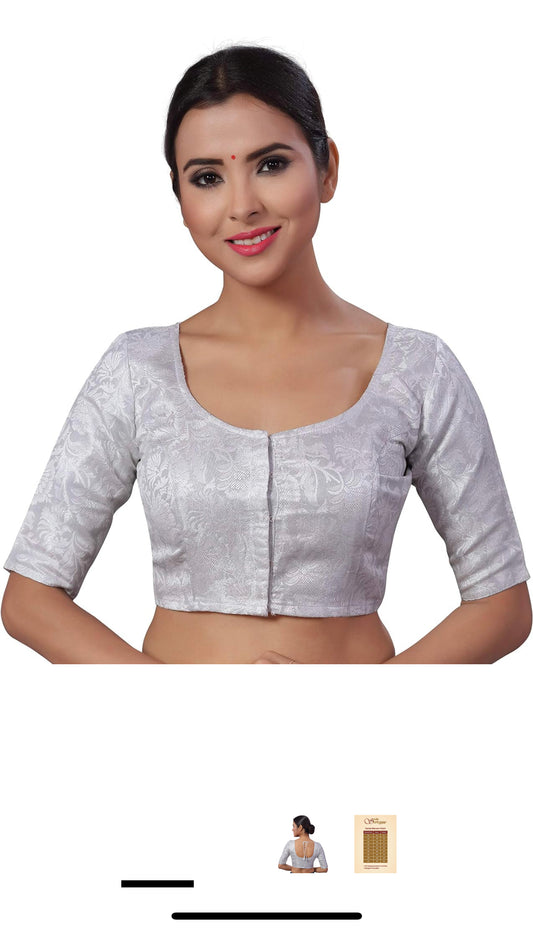 Readymade Silver Brocade Elbow Length Sleeves Saree Blouse