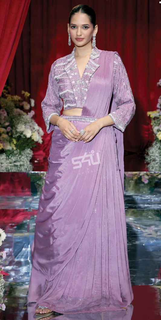 Beautiful designer Lavender Saree Set, Handcrafted Blouse, Draped Saree