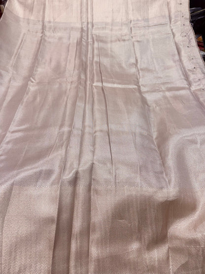 Beautiful Pure kanchipuram tissue silk saree pastel lavender shade with allover silver zari woven brocade weaves and silver zari woven border