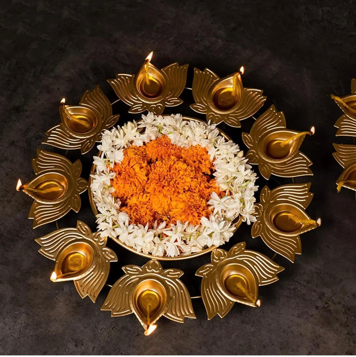 Elegant Golden Lotus-Shaped Decorative Bowl with 8 Diyas for Diwali, Pooja, and Home Décor - Premium Metal Decorative Piece for Festivals, Gifts, and Religious Ceremonies