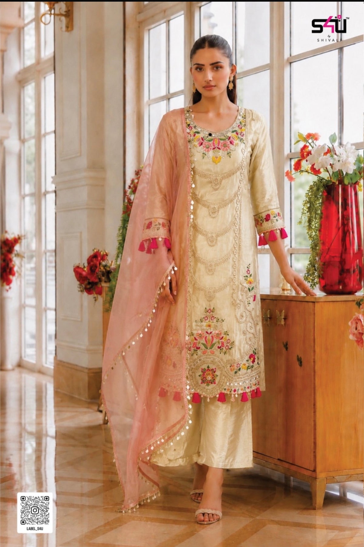 Beautiful designer TISSUE SILK WITH HANDWORK PLAZO SUIT
