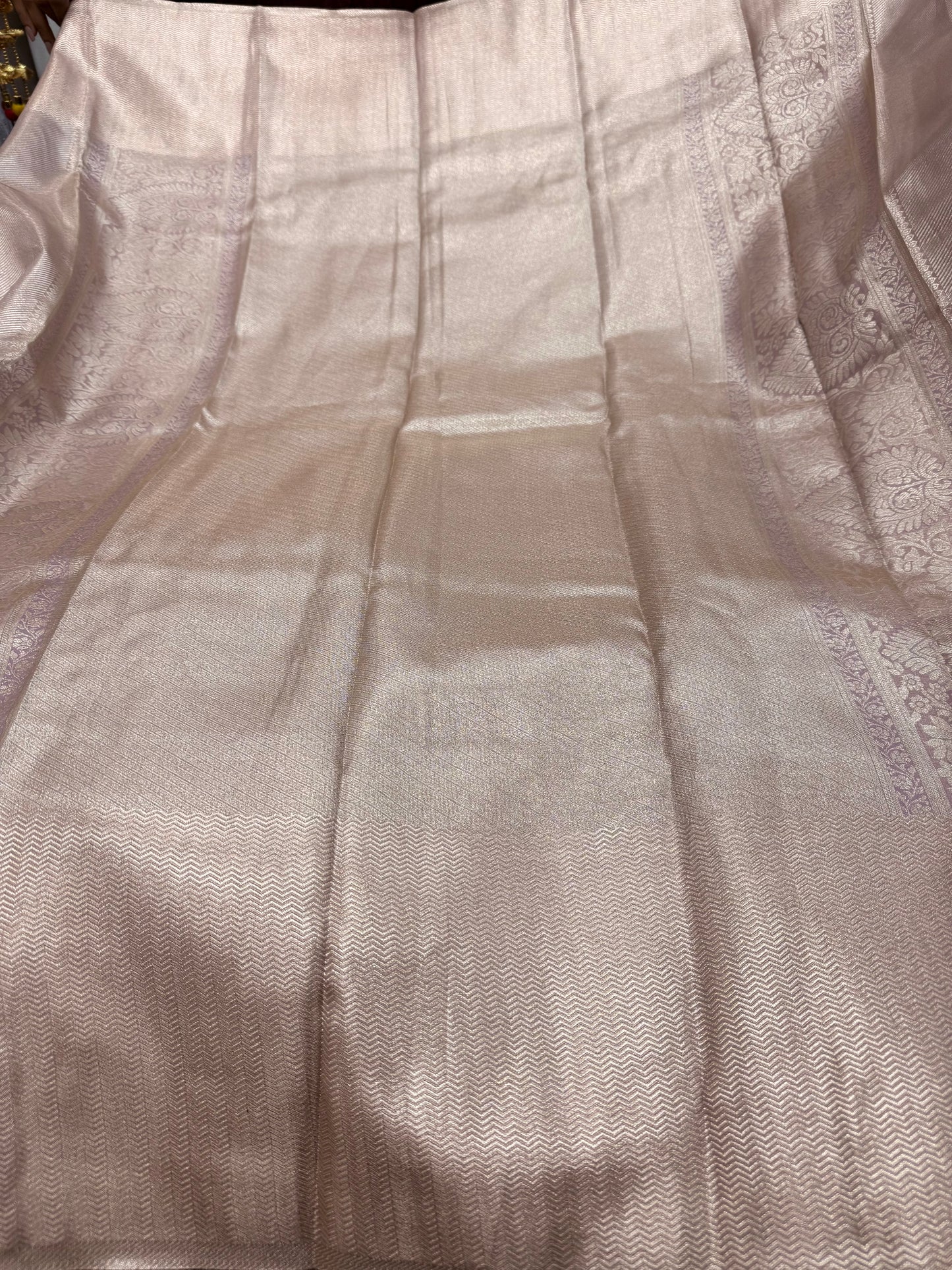 Beautiful Pure kanchipuram tissue silk saree pastel lavender shade with allover silver zari woven brocade weaves and silver zari woven border