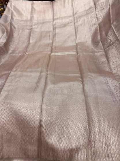Beautiful Pure kanchipuram tissue silk saree pastel lavender shade with allover silver zari woven brocade weaves and silver zari woven border