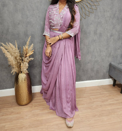 Beautiful designer Lavender Saree Set, Handcrafted Blouse, Draped Saree