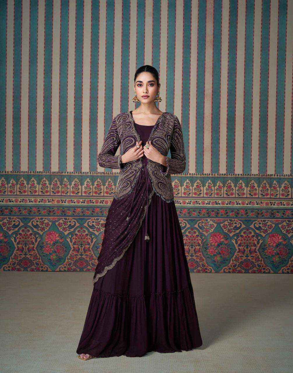 Beautiful designer wine Embroidered Silk Anarkali Gown with Asymmetrical saree Draping