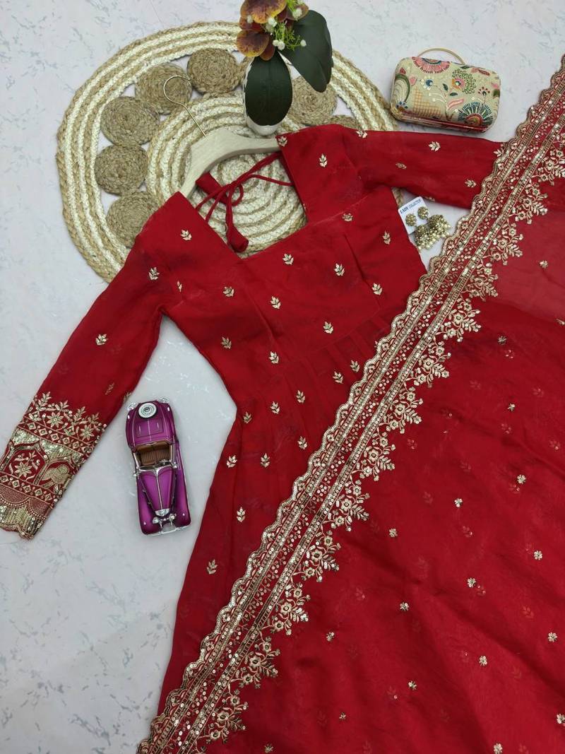 Beautiful designer Fandy Silk Embroidered Gown Set With Dupatta And Pant For Women