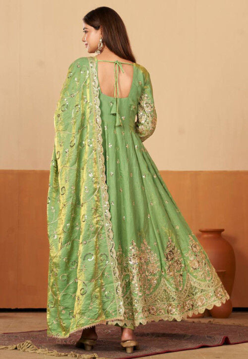 Beautiful designer Fandy Silk Embroidered Gown Set With Dupatta And Pant For Women