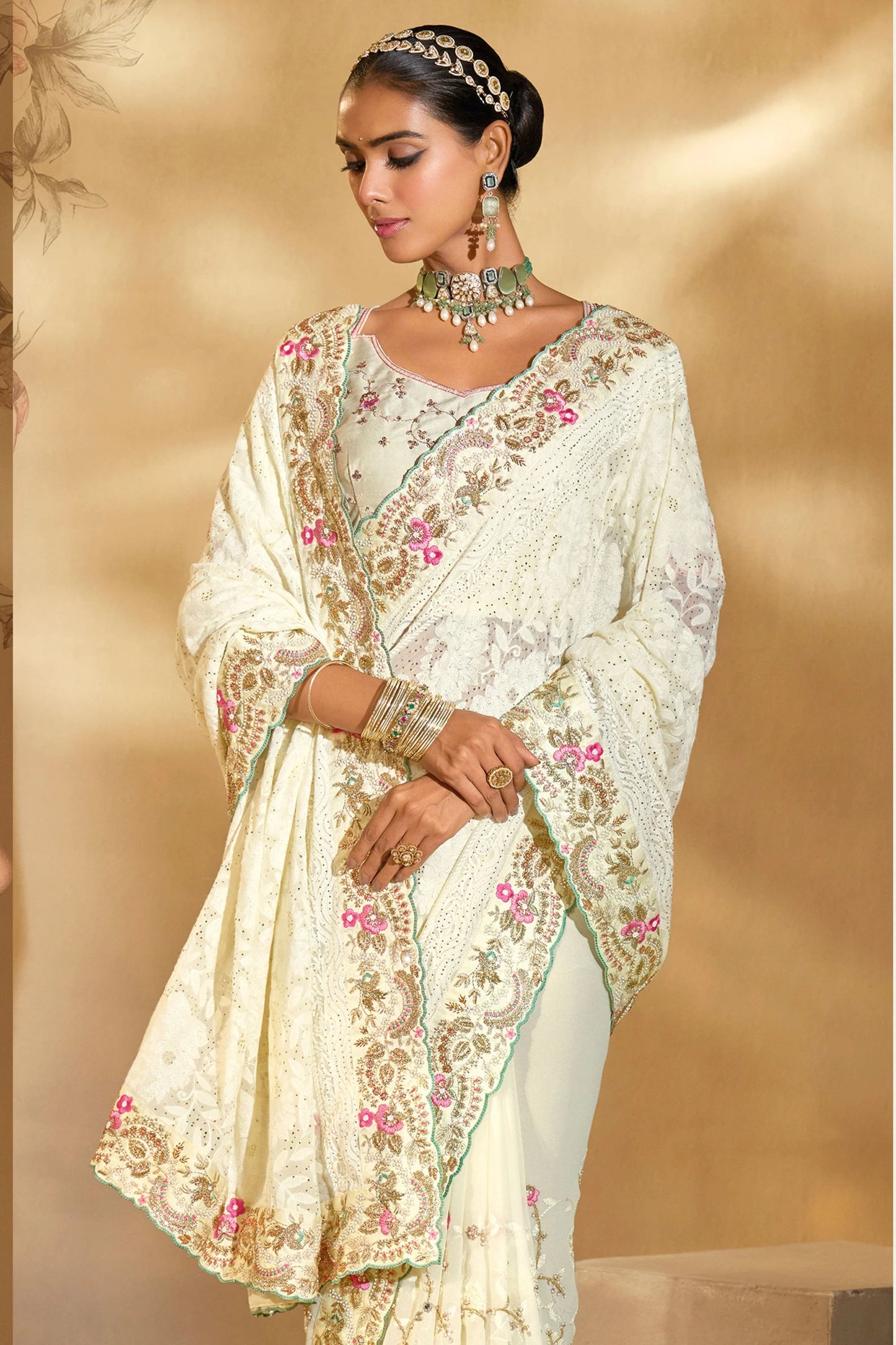 Beautiful designer lucknowi Embroidery geogrette saree