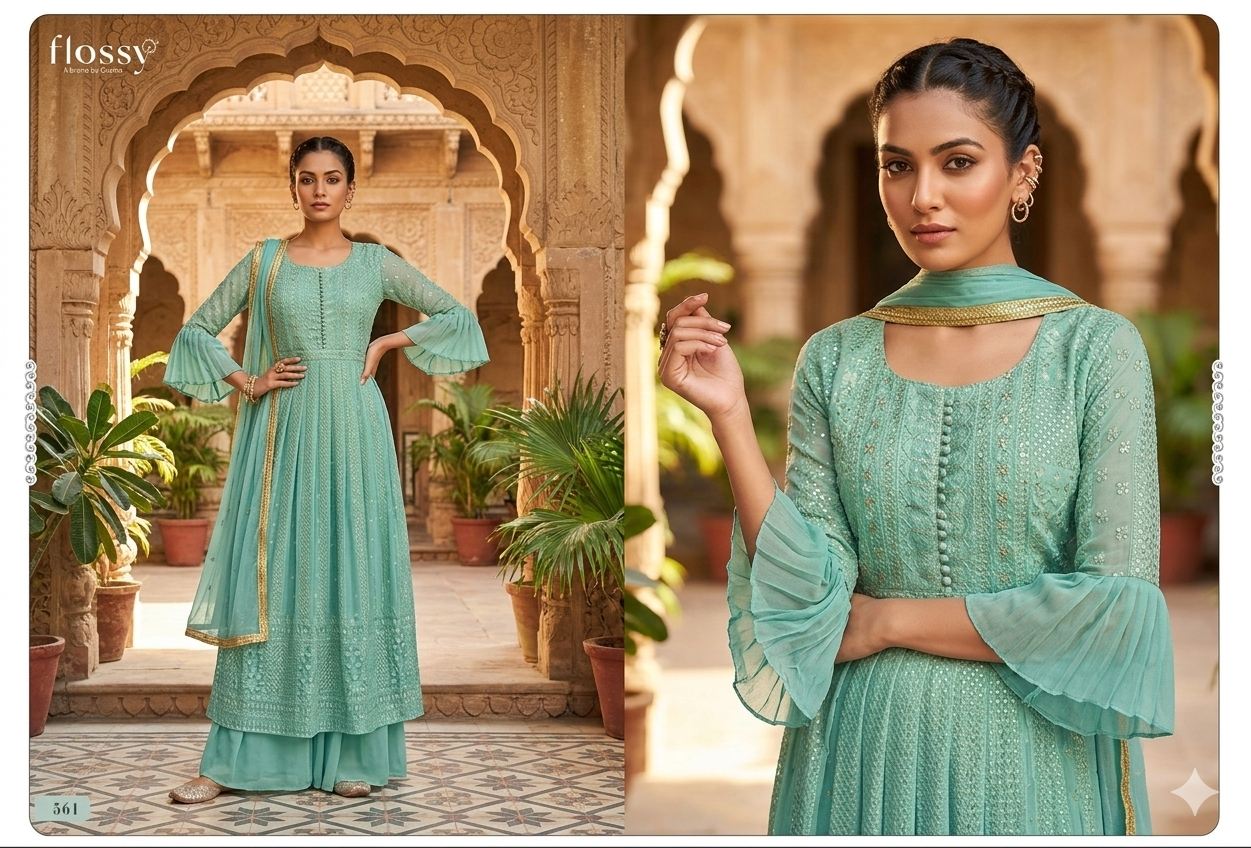 Beautiful designer nyra cut lucknowi embroidery plazo suit