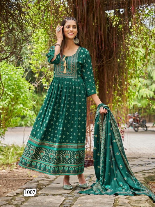 Beautiful designer Rayon Foil Printed Kurtis With Dupatta Set