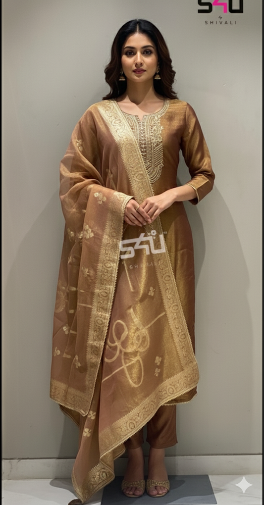 Beautiful designer Embroidered Jimmy Choo Silk Kurta Pant Dupatta Set