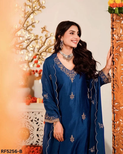 Beautiful designer Embroidered Vichhitra Silk Suit Set!