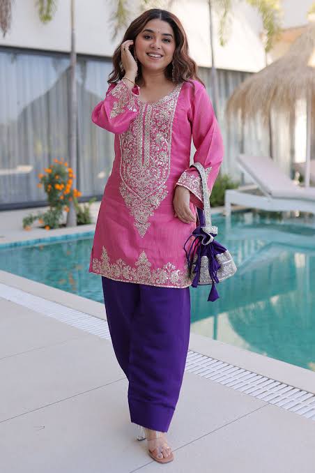 Designer Viscose Kurti Pant Set with Batwa Sequins Zari Embroidery