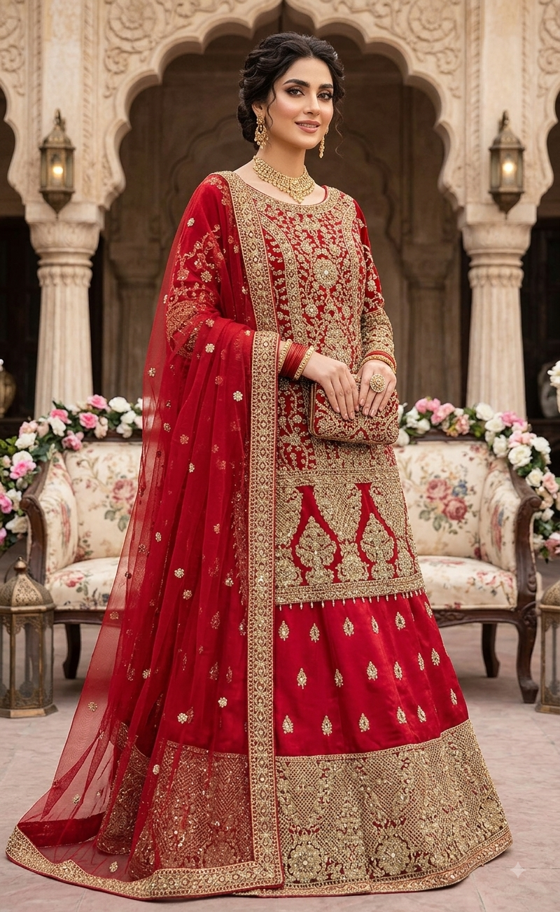 Beautiful designer Pakistani style bridal lengha suit