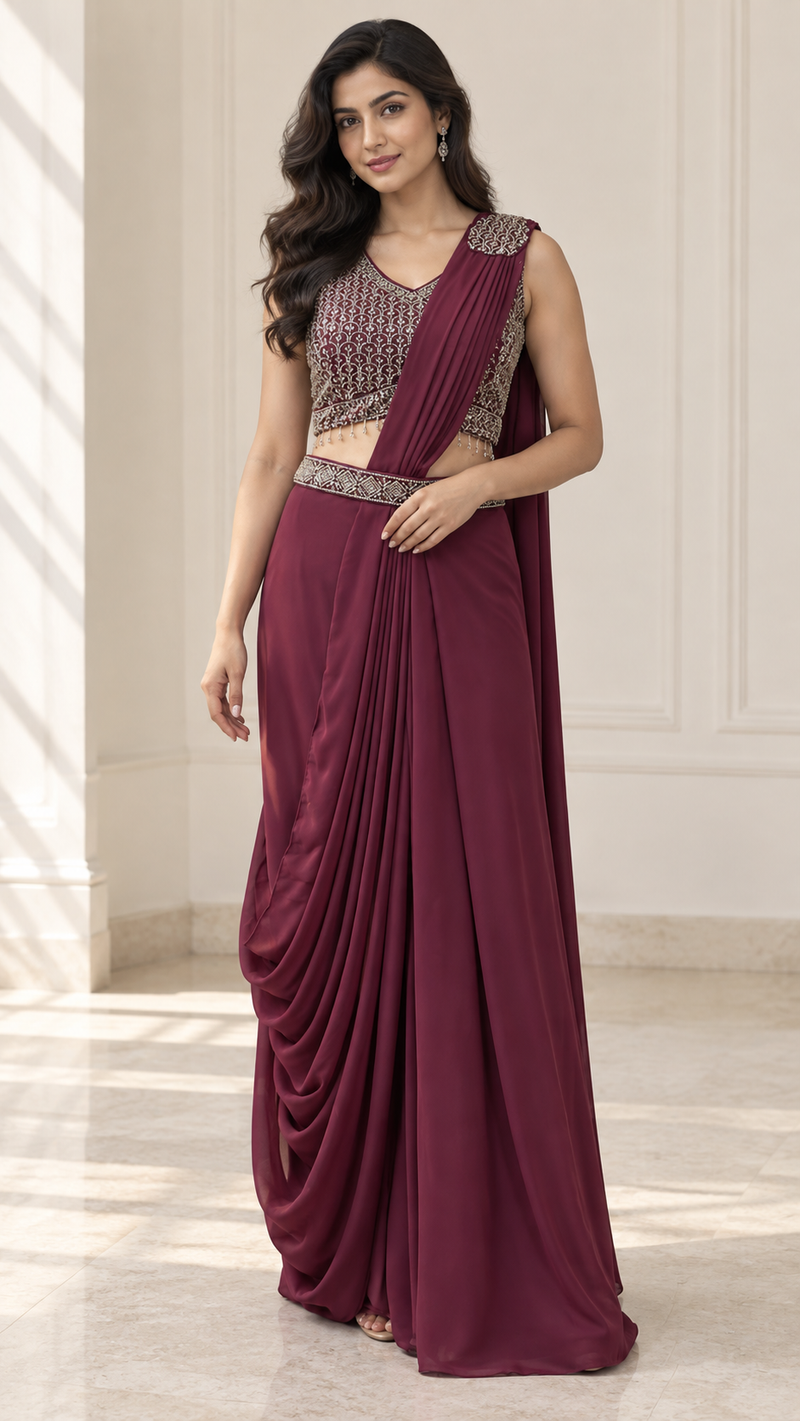 BERRY WINE SILVER CRYSTAL DRAPED SAREE SET