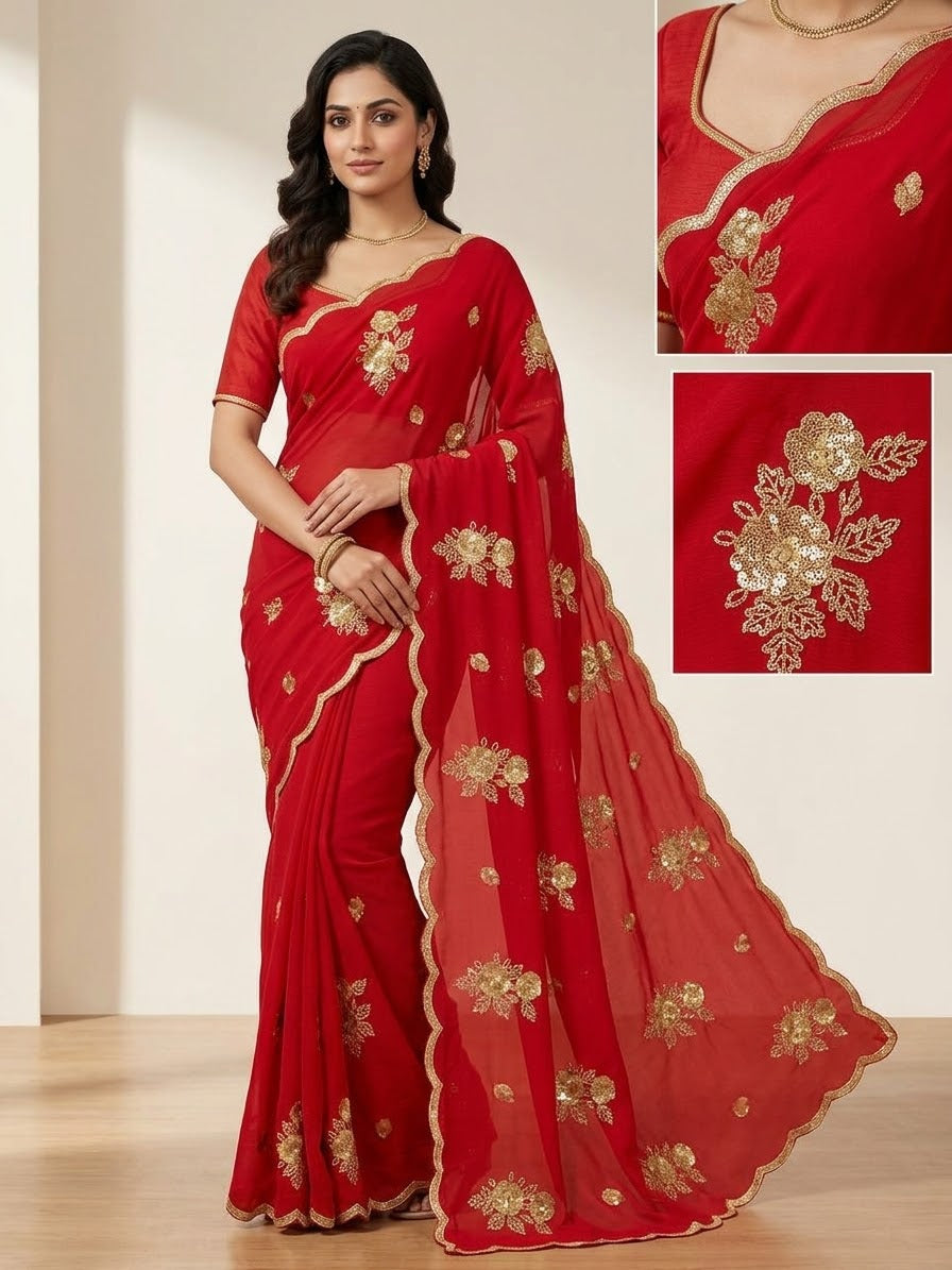 Beautiful designer embroidery chiffon saree