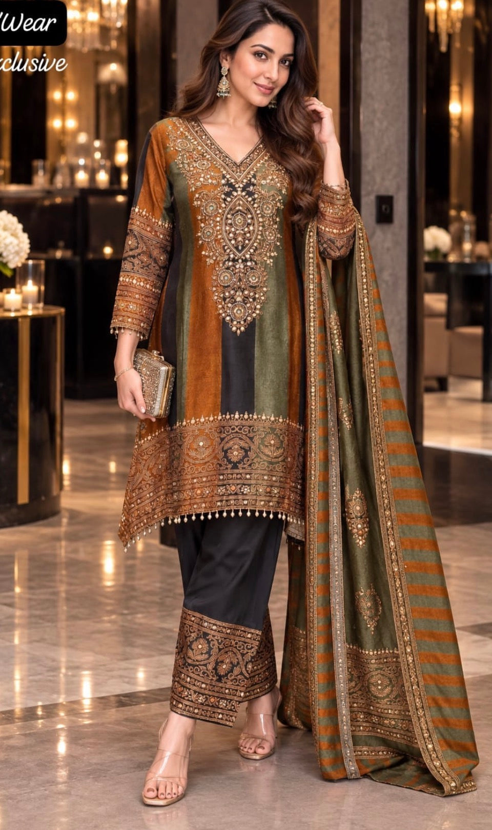 Pure Russian silk with lining paired with farshi salwar three piece set