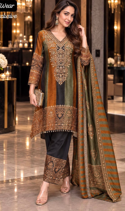 Pure Russian silk with lining paired with farshi salwar three piece set