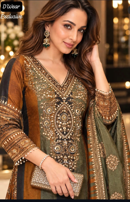 Pure Russian silk with lining paired with farshi salwar three piece set