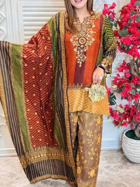 Pure Russian silk with lining paired with plazo three piece set