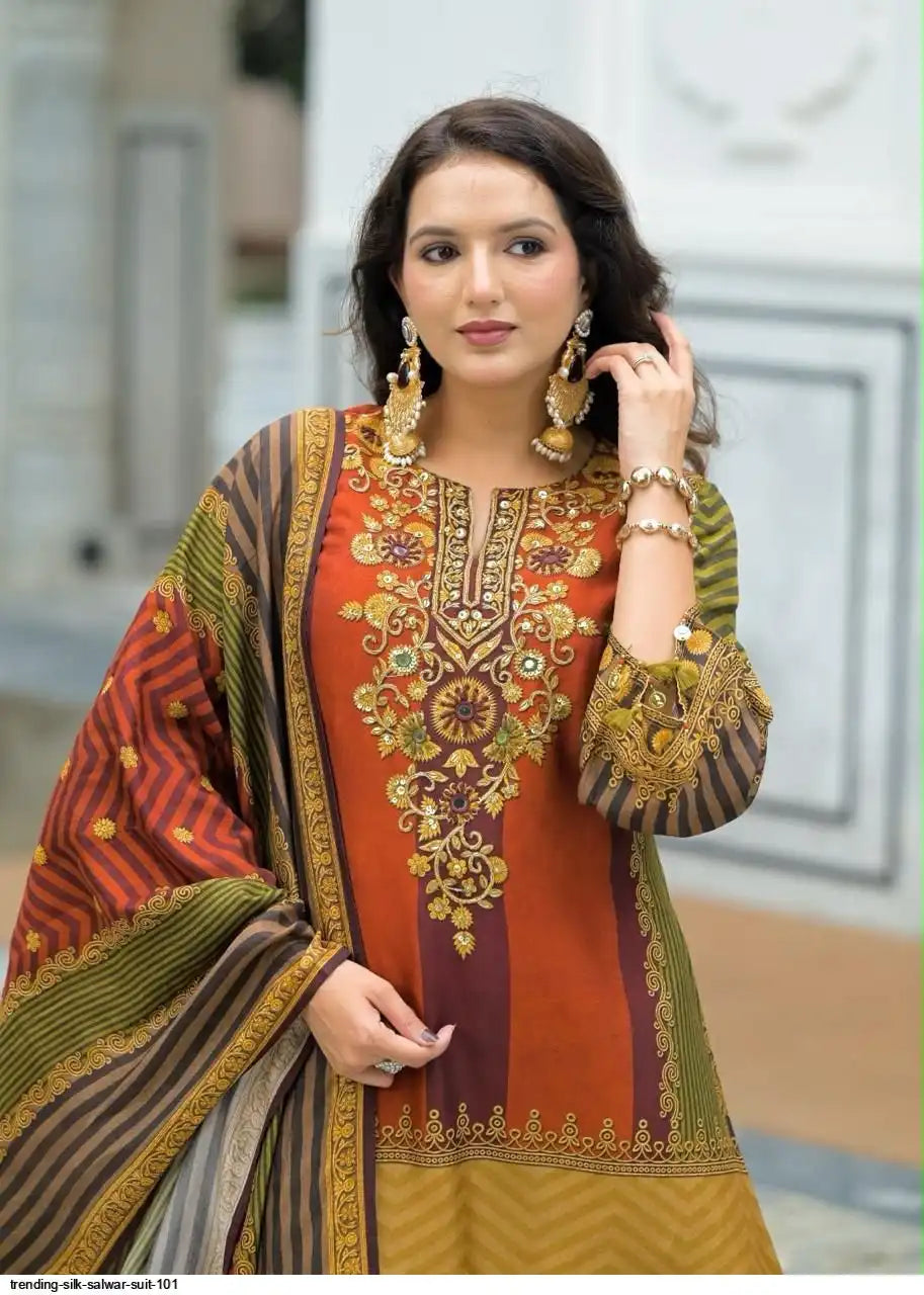 Pure Russian silk with lining paired with plazo three piece set