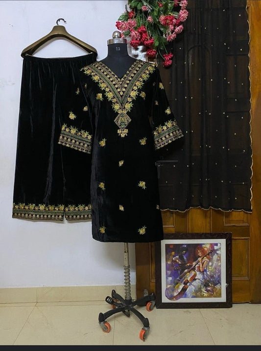 Beautiful designer velvet plazo suit