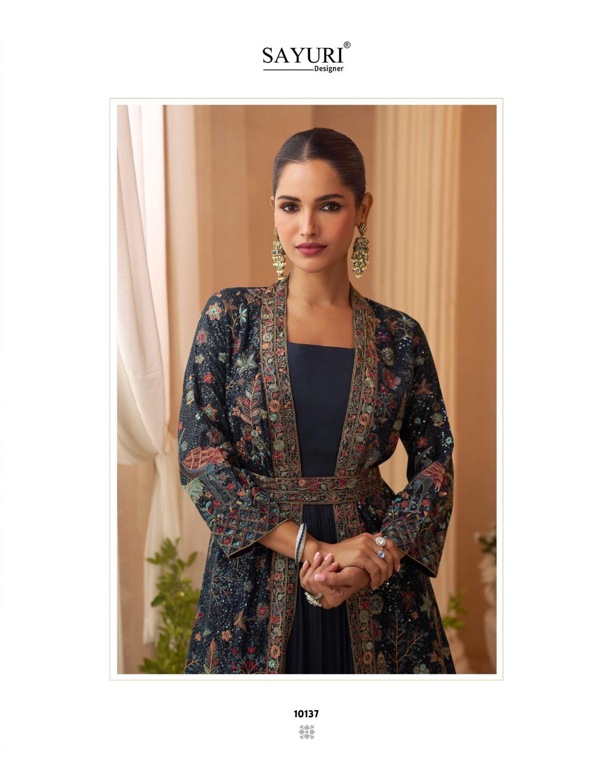 Beautiful designer long gown with fully embroidered koti and belt