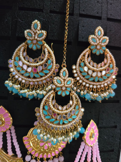 Beautiful designer mirror work earrings with bindi/tikka